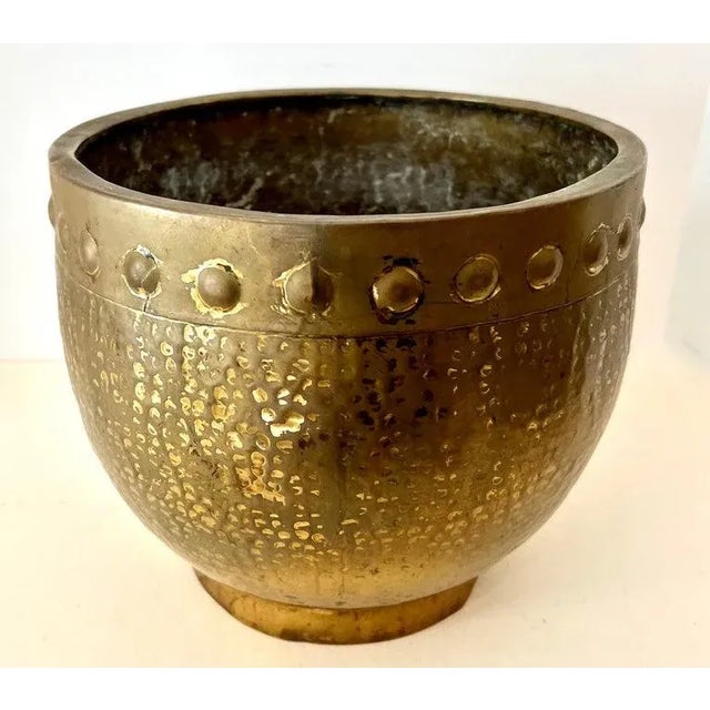 Metal Solid Hammered Brass Cachepot Jardiniere Planter with Rim Details For Sale - Image 7 of 10