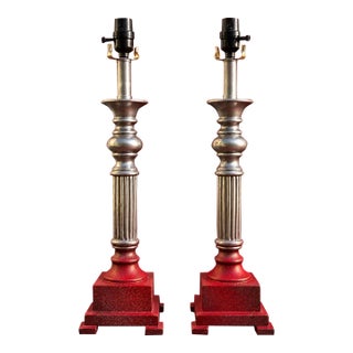 Neoclassical Silver-Tone & Red Column Table Lamps - Pair For Sale