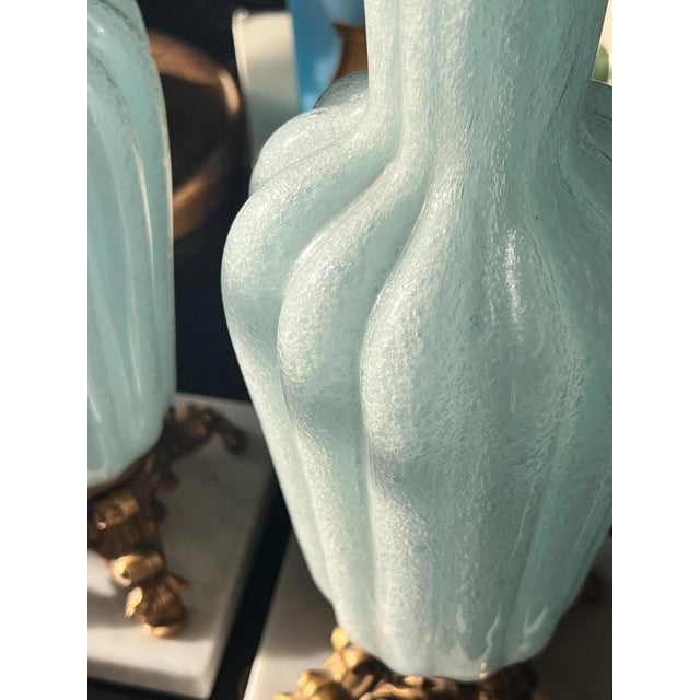 Mid 20th Century Pale blue Murano glass table lamps with gold metal and marble bases - a Pair For Sale - Image 11 of 13