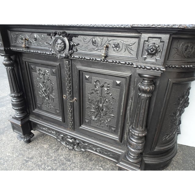 Pair of Antique French Renaissance Ebonized Baroque Marble Sideboards Buffets Made in France For Sale - Image 9 of 18