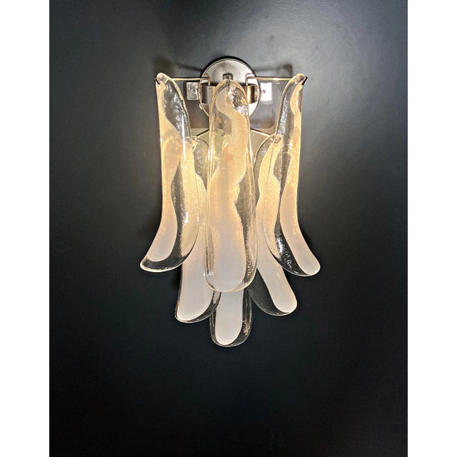 Pair of Italian Murano Wall Lights, Mazzega – 6 White Lattimo Glass Petals For Sale - Image 9 of 10