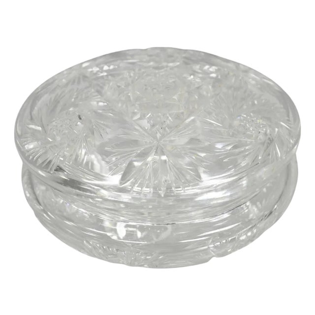 Vintage Art Deco Bohemian Cut Crystal Glass Czech Ladies Vanity Powder Jar For Sale