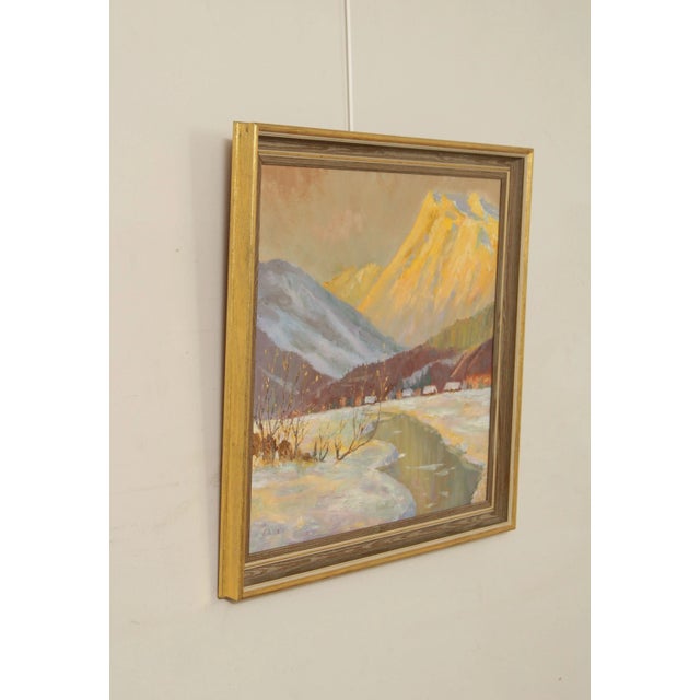 Traditional American 20th Century Winter Mountain Town Landscape Original Oil Painting by Ed Hall For Sale - Image 3 of 13