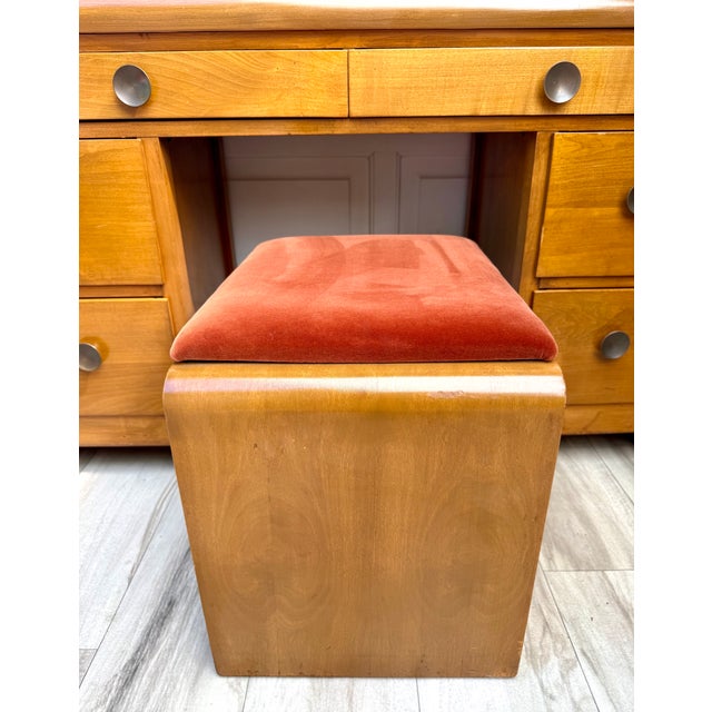 Wood 1940s John Stuart Blonde Wood 3-Piece Vanity, Mirror & Bentwood Stool For Sale - Image 7 of 18