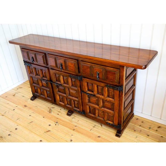 Mid-Century Brutalist Baroque Tuscan Spanish Walnut Iron Sideboard Credenza by Navarro Argudo, 1960 For Sale - Image 4 of 18