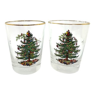 1950s Spode Double Old Fashioned Christmas Glasses Set of 2 For Sale