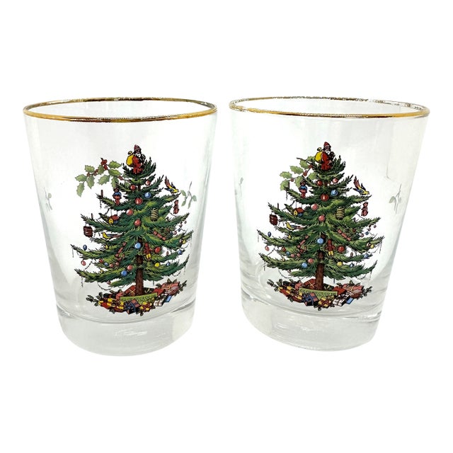 1950s Spode Double Old Fashioned Christmas Glasses Set of 2 For Sale