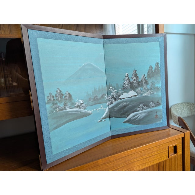 Wood 1970s Vintage Japanese 2-Panel Desktop Byōbu Folding Screen Signed Seihō - Winter Landscape For Sale - Image 7 of 12