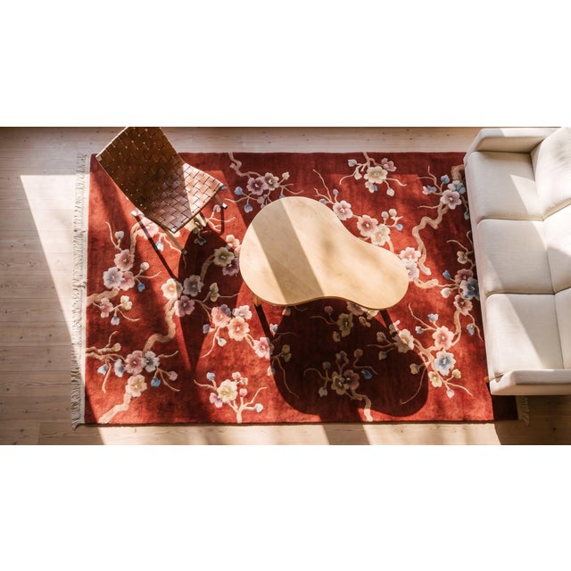 Luxurious Ruby Red Color With Lovely Floral Design Chinese Art Deco Rug For Sale - Image 13 of 13