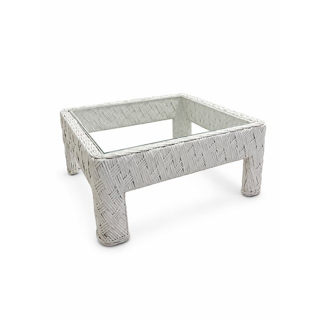 Coastal 1980s Coastal White Woven Rattan Glass-Top Coffee Table For Sale - Image 3 of 7