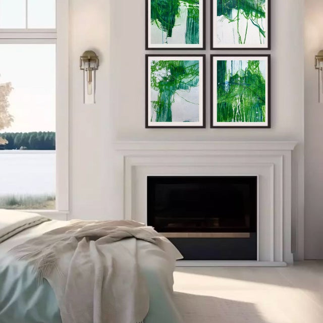 A serene set of four original abstract works on paper by contemporary artist Mary Elizabeth Marvin. The Mossy Echo series...