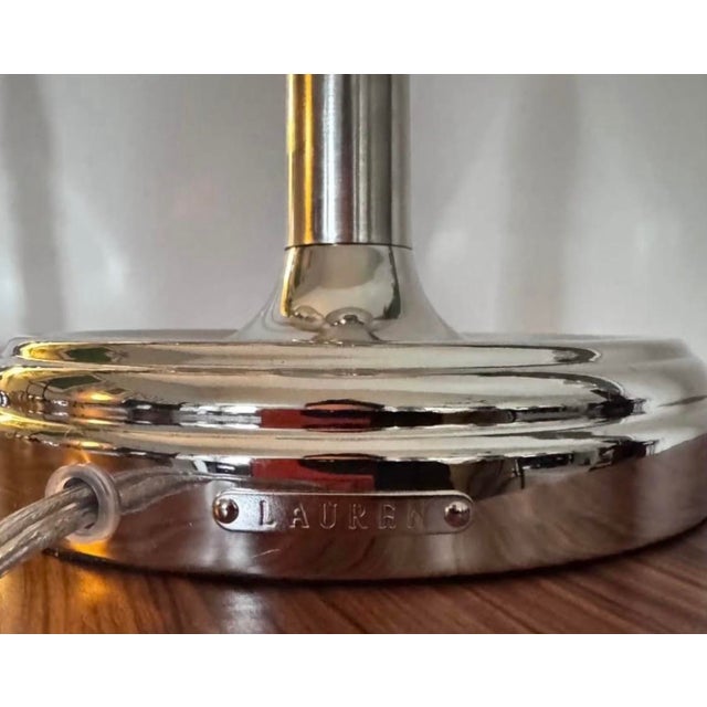 2020s Ralph Lauren Silver Polished Nickel Candlestick Table Lamp and Linen Bell Shade For Sale - Image 5 of 5