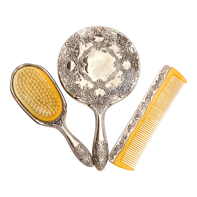 Vintage Silver Plated Repousse Hand Mirror Brush and Comb - Set of 3 For Sale