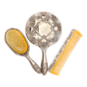 Vintage Silver Plated Repousse Hand Mirror Brush and Comb - Set of 3
