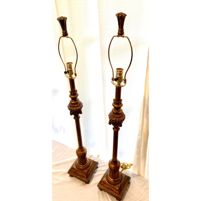 Vintage Gold Gilt Tall Footed Table Lamps With Tassel Details a Pair