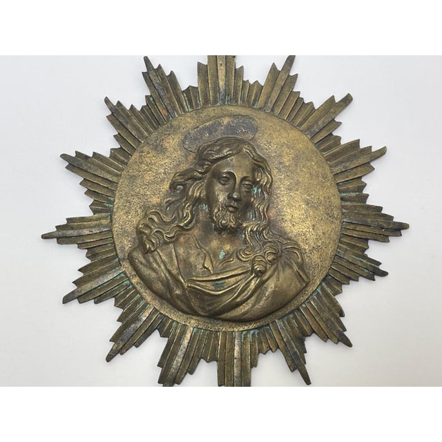 Late 19th Century French Brass Haloed Christ Sunburst Plaque Description An evocative late 19th-century French brass...