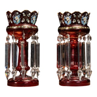 Pair of 19th Century Bohemian Ruby Glass Mantle Lusters With Prisms For Sale