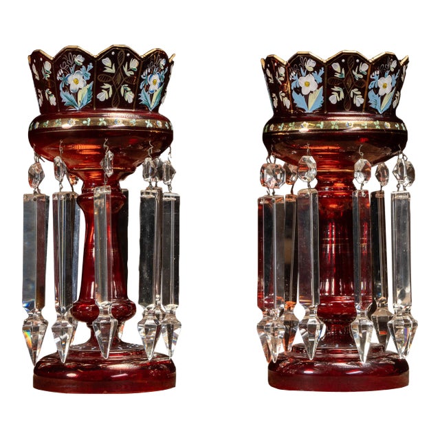 Pair of 19th Century Bohemian Ruby Glass Mantle Lusters With Prisms For Sale