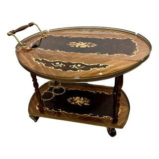 Vintage Italian Marquetry Drop-Leaf Rolling Bar Cart Tea Trolley For Sale