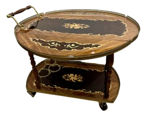 Vintage Italian Marquetry Drop-Leaf Rolling Bar Cart Tea Trolley