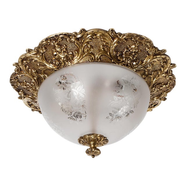 1950s Spanish Rococo Heavy Sand-Cast Bronze Flush Mount Ceiling Light With Etched Frosted Glass Dome For Sale