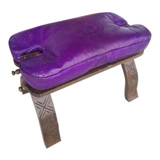 Modern Moroccan Purple Camel Saddle Leather Cushion Wooden Base Stool For Sale