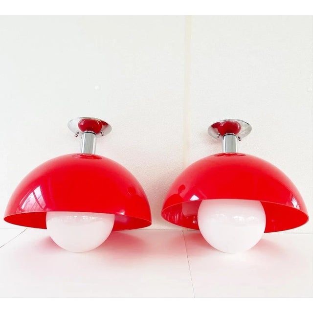 Mid Century Cherry Red Semi-Flush Lights - A Pair For Sale - Image 9 of 9