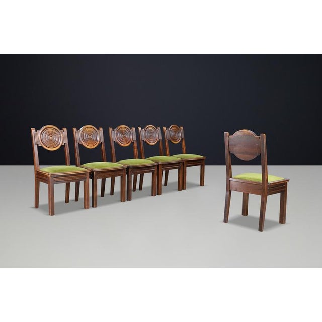 Vintage French Carved Oak Dining Chairs with Original Velvet, 1930s, Set of 6 For Sale - Image 3 of 11