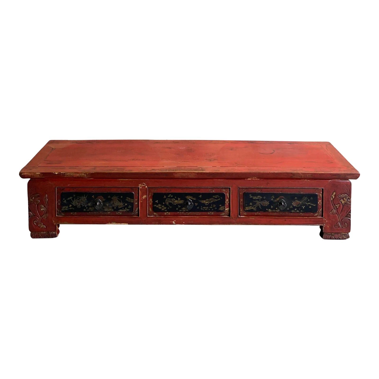 Vintage Asian Low Console Table With Drawers | Chairish