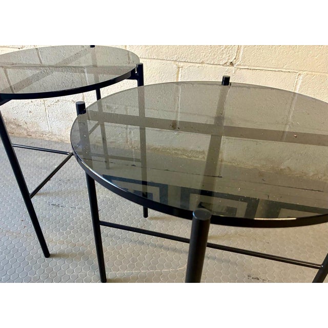 Metal Round Smoked Black Glass Accent Tables, Modern Metal End Tables, Mid Century Modern Nightstands, Sleek Modern Chic Decor For Sale - Image 7 of 9