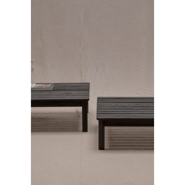 Versatile set of two Dutch mid-century coffee tables or lattenbanken dating from the 1960s, executed in beautifully black...