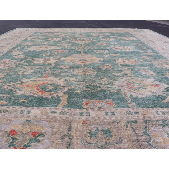 Early 21st Century Green Color Turkish Oushak Rug by Keivan Woven Arts 10'7'' X 13'8'' For Sale - Image 5 of 18