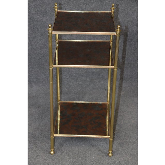 1940s Maison Jansen Style Eglomise Glass & Brass 3 Tier End Table C. 1950's For Sale - Image 5 of 12