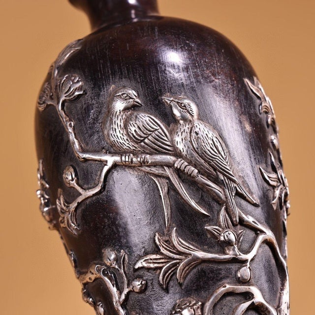 Copper Pair of Vintage Chinese Copper & Silver Repoussé "Magpie & Plum Blossom" Mei Vases - 1120g Total For Sale - Image 8 of 10