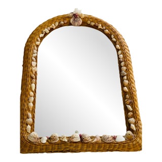 Vintage Wicker Sea Shell Coastal Mirror For Sale