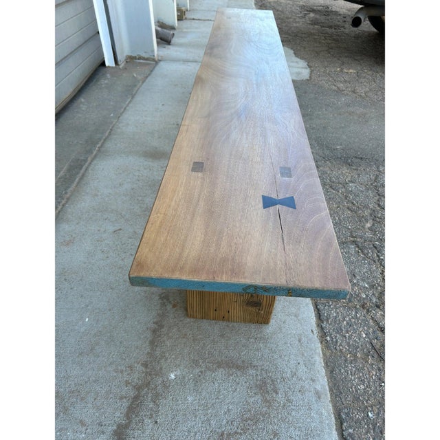1990s 1990s Long Rustic Wooden Bench With Butterfly Plug For Sale - Image 5 of 12