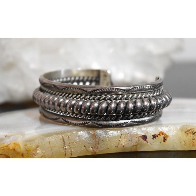Vintage Heavy Sterling Silver Navajo Cuff Bracelet Franklin & Verna Tahe For Sale - Image 9 of 17