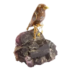 Late 20th Century 14k Gold Mounted Agate Bird on Carved Amethyst Rock