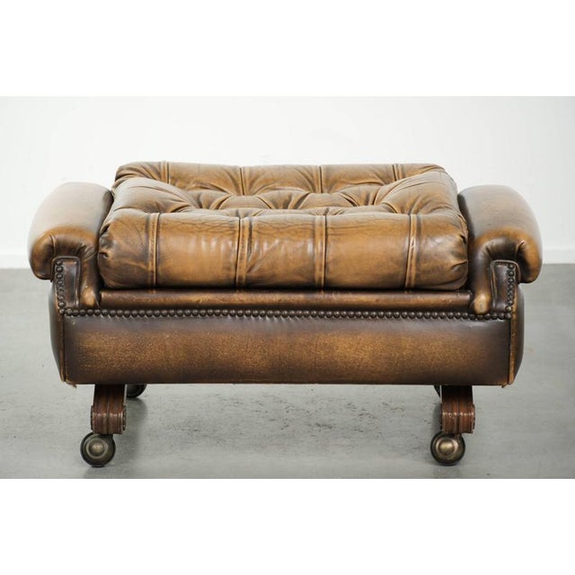 English Chesterfield Ottoman in Cowhide Leather on Wheels For Sale - Image 4 of 13