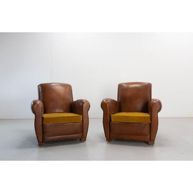 Antique French Club Armchair Fauteuil Cognac Leather and Fabric, 1930, Set of 2 For Sale - Image 4 of 16