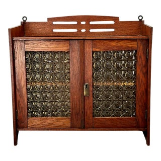 Antique Belgian Arts & Crafts Oak With Unusual Molded Amber Art Glass Hanging Wall Cabinet - Circa Early 1900s For Sale