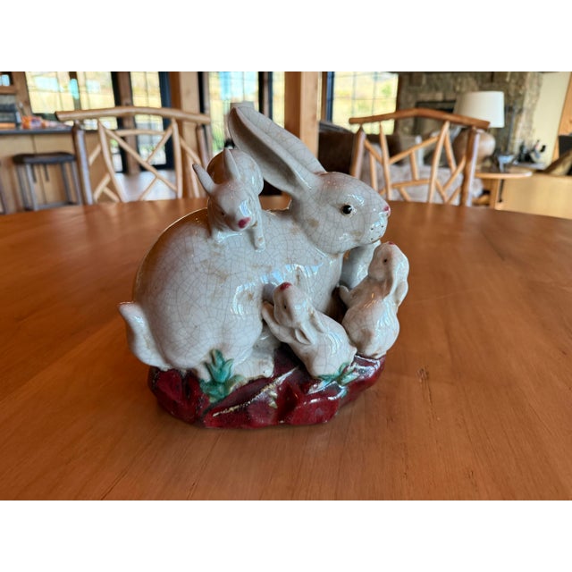 Figurative Ceramic Glazed Rabbit Family Centerpiece Majolica For Sale - Image 3 of 10