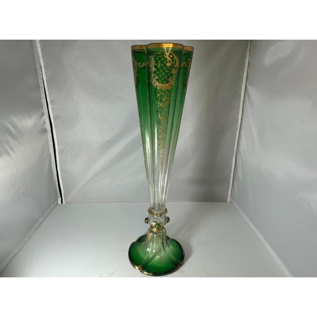 Wood Antique Moser Green to Clear Trumpet Vase: Bohemian Gold Gilt Decor (18.5") For Sale - Image 7 of 10
