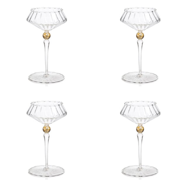 2020s Ondine 4-Piece Set Fluted Coupe Glasses, Clear with Light Amber Accent For Sale - Image 5 of 5