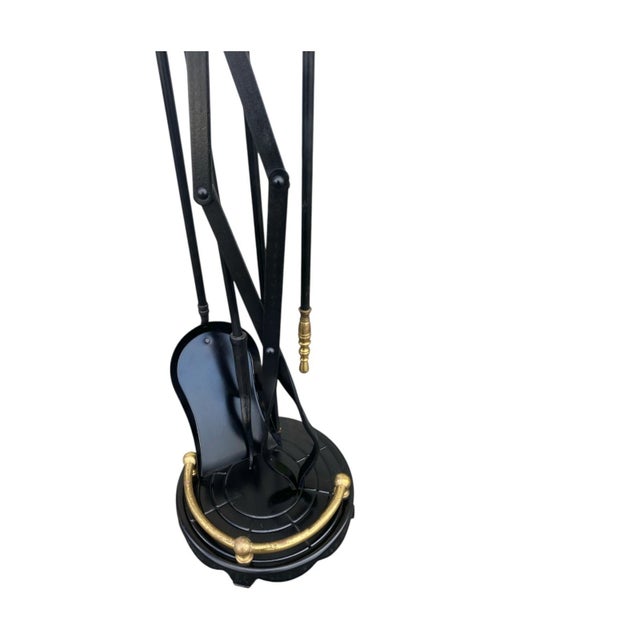 Vintage Black & Brass Fireplace Tool Set With Stand –Tongs, Poker, Brush, Shovel For Sale - Image 4 of 10