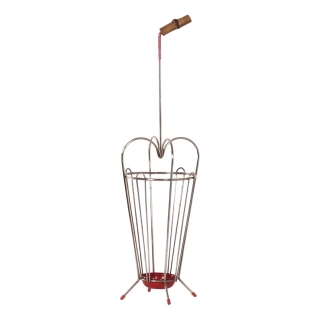Vintage Umbrella Stand of Curved Metal, Red Details and a Bamboo Handle, 1950s For Sale