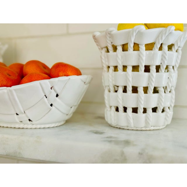 Late 20th Century Late 20th Century Italian White Basket Weave Bowls and Containers- Set of 3 For Sale - Image 5 of 12