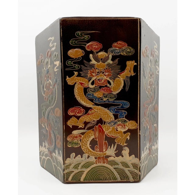 Late 19th Century Late 19th Century Chinese Lacquer Dragon Panels Hexagonal Brushpot For Sale - Image 5 of 11
