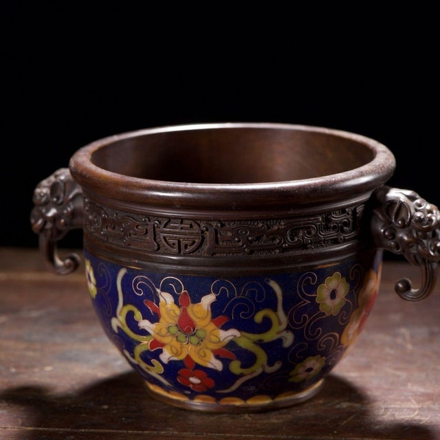 Traditional Vintage Cloisonné Enamel Censer With Beast Handles and Lotus Motif For Sale - Image 3 of 9