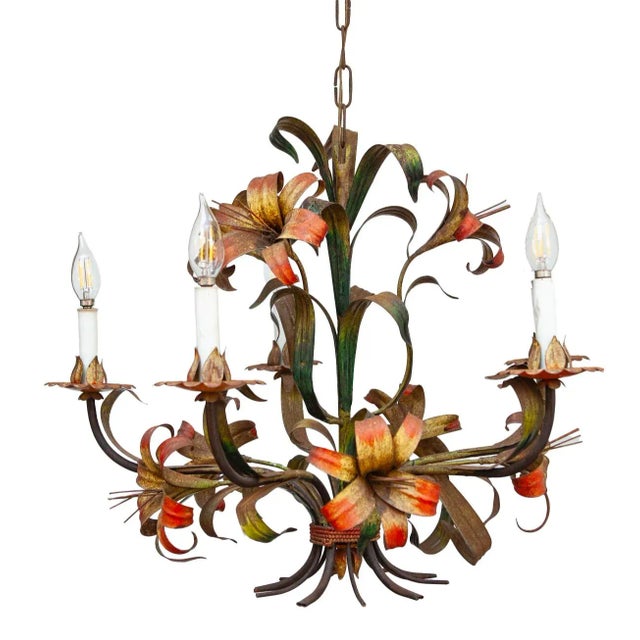 Italian 1950s Italian Tole Lilly 5 Light Chandelier For Sale - Image 3 of 11